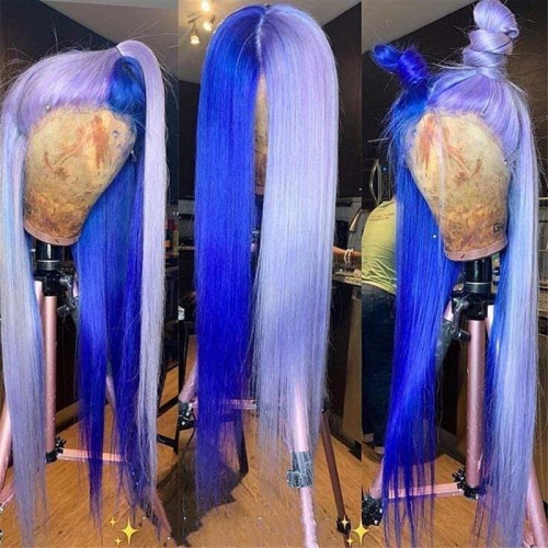 Peruvian Hair Half Purple Half Royal Blue Lace Front Wig Ombre Colored Lace Wig