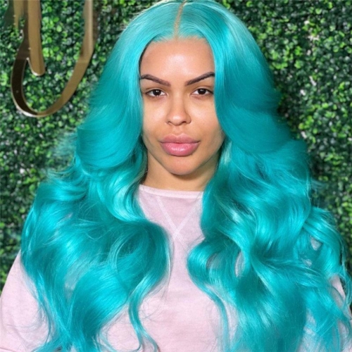 28inch Blue Body Wave Lace Front Wig Peruvian Remy Hair Transparent Highlight Colored Human Hair Wigs Bleached Knots
