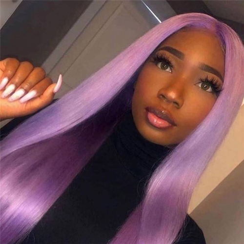 Transparent Purple Lace Front Wig Straight Colored Human Hair Wigs For Women Brazilian Hair Purple Ombre Human Hair Wig 150%