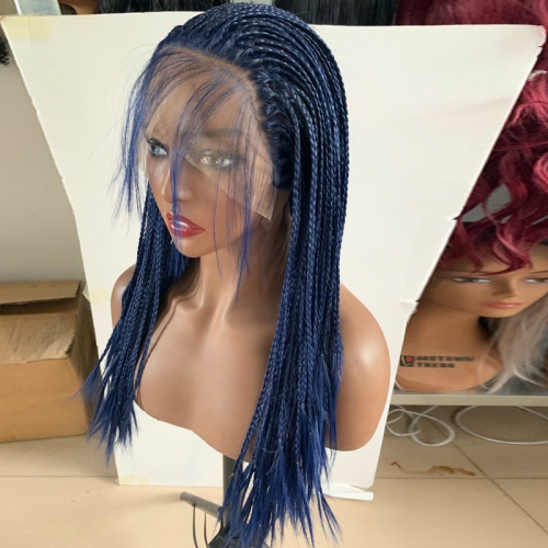 Box Braided Wigs Knotless Micro Braids Wigs Synthetic Hair Dark Blue Color With Baby Hair
