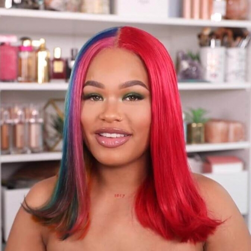 Rainbow Red Colored Highlight Wig Short Length Human Hair Brazilian Remy Lace Front Wig