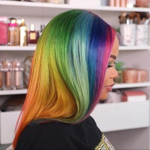 Rainbow Color Highlight Short Bob Human Hair Wigs For Women Peruvian Remy Lace Front Wig