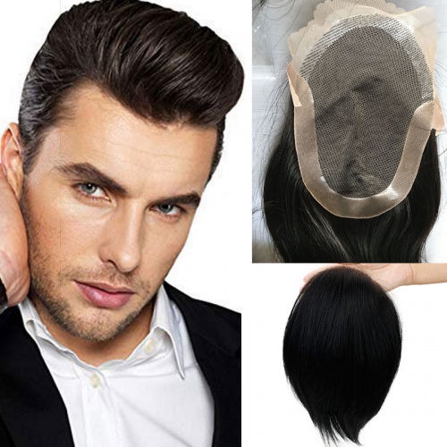 Men's Toupee Hairpieces 100%Virgin Human Hair Replacement System Hair Topper Pieces for Men French Lace Net with PU Base Size 4.33x6.69 inch 1B Black 