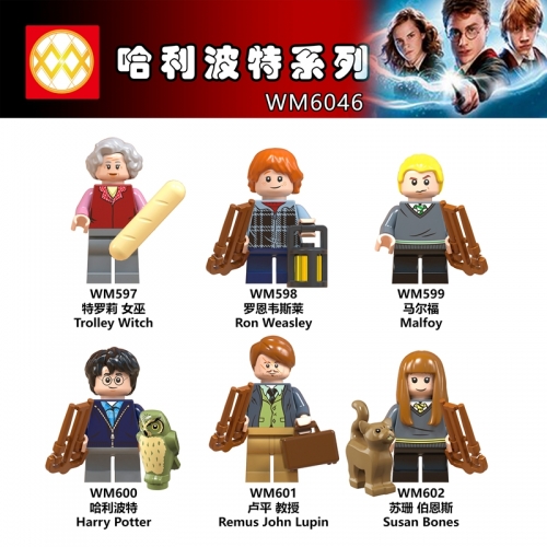 WM6046 Harry Series Potters Moody Trolley Witch Ron Weasley Malfoy Remus John Lupin Susan Bones Action Building Blocks Kids Toy