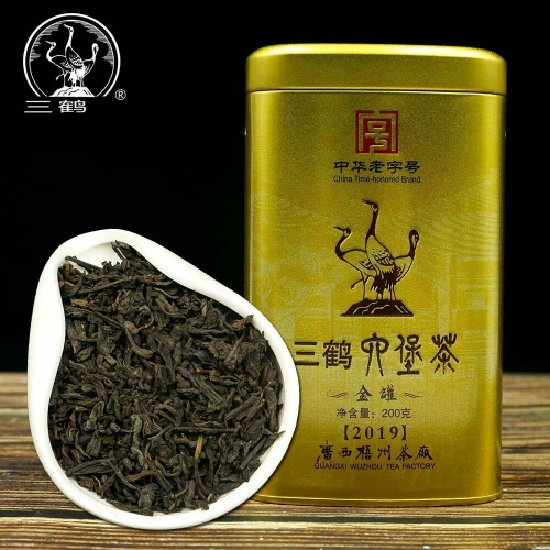 Three Cranes Sanhe 2019 Liu Pao Tea Loose Dark Tea Guangxi Wuzhou Liupao Box Teas Hei Cha Golden Jar 200g
