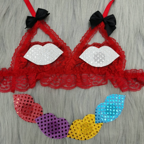 Custom Shape Disposable Breast Sticker Sequins Fabric Women Pasties Nipple Covers Sexy Lip Shape Breast Cover Nipple