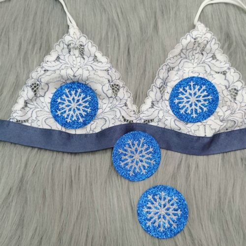KAYA Glitter Decorative Blue Christmas Adhesive Nipple Cover Boob Sticker Cute Snow Flake Round Disposable Nipple Pasties Sexy