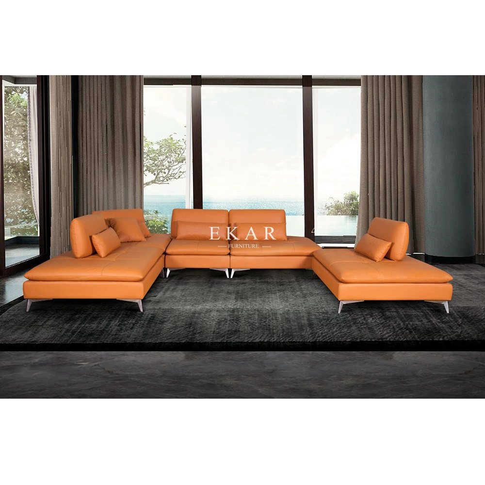 Customized Modern Metal Base Wooden Frame Genuine Leather Sofa Set