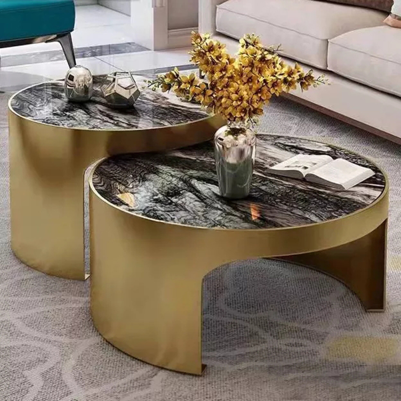 European living room furniture stainless steel gold marble center round coffee table