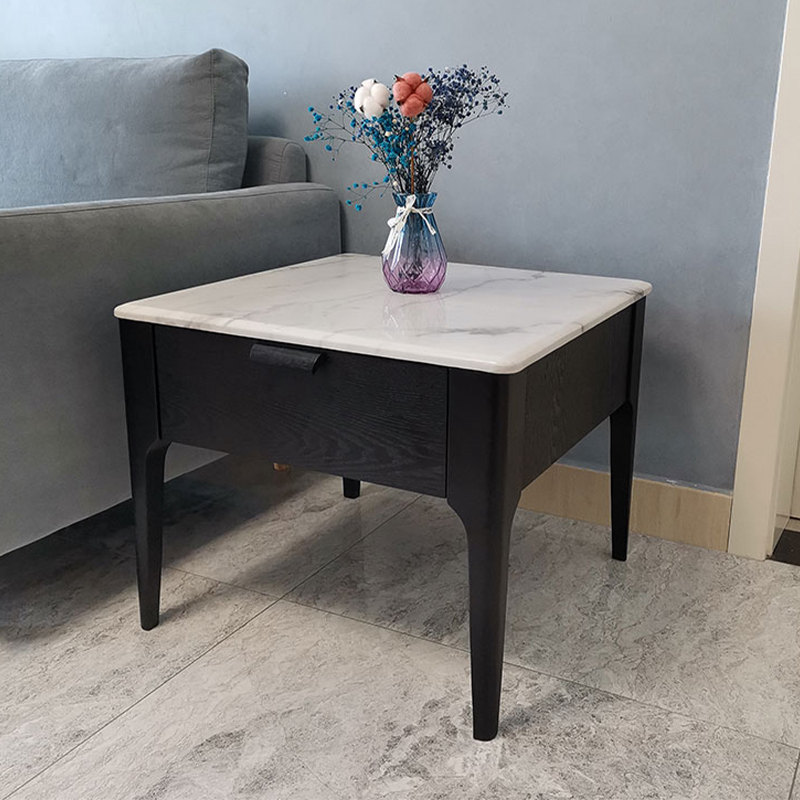 Square Marble Top Corner Side Table With Drawer