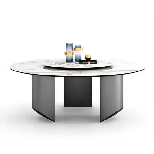 Italian Luxury Modern Round Ceramic Marble Top Stainless Steel Legs Dining Table Set