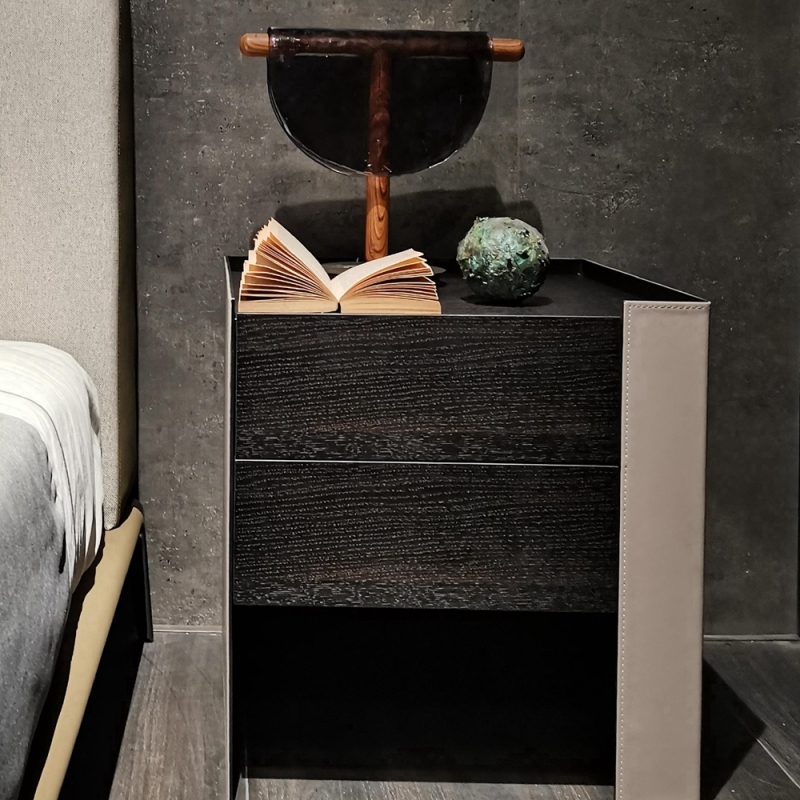 Hard Leather and Black Metal Bedside Table with Oak Wood Drawer - Modern Bedroom Accent