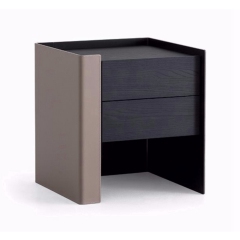 Hard Leather and Black Metal Bedside Table with Oak Wood Drawer - Modern Bedroom Accent