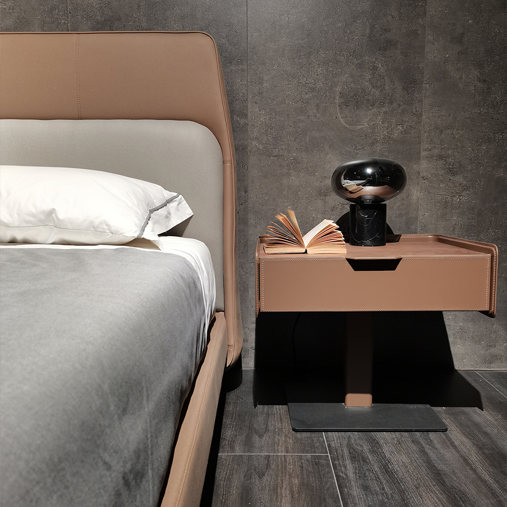 Modern Walnut Veneer Bedside Table with Stainless Steel Base - Contemporary Bedroom Accent