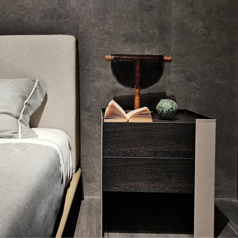 Hard Leather and Black Metal Bedside Table with Oak Wood Drawer - Modern Bedroom Accent