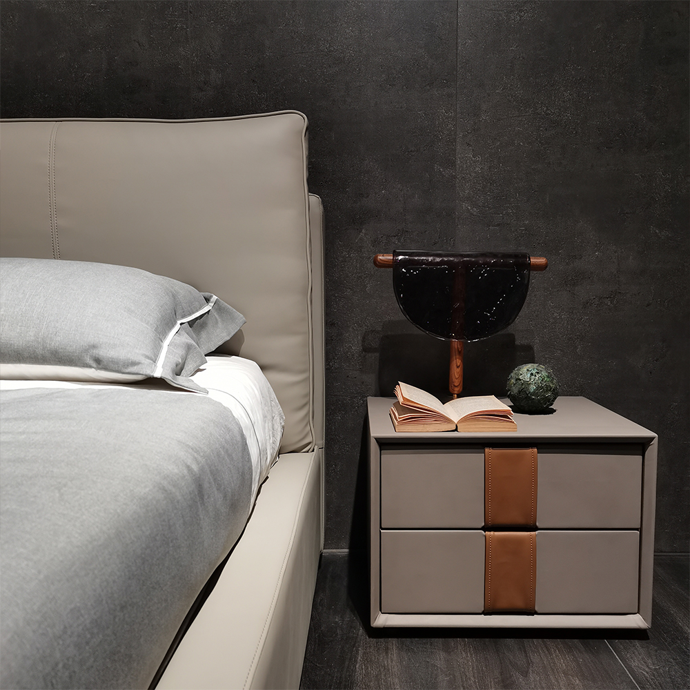 Contemporary Leather-Covered MDF Bedside Table with 2 Wood Drawers - Functional Bedroom Accent