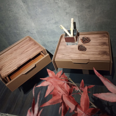 Modern Walnut Veneer Bedside Table with Stainless Steel Base - Contemporary Bedroom Accent