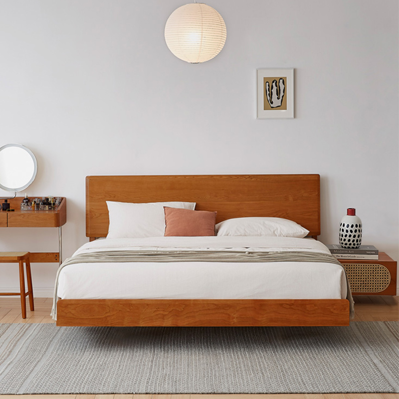 Modern Wooden Bed Frame Set Wooden Headboard Cherry Floating Wooden Bed