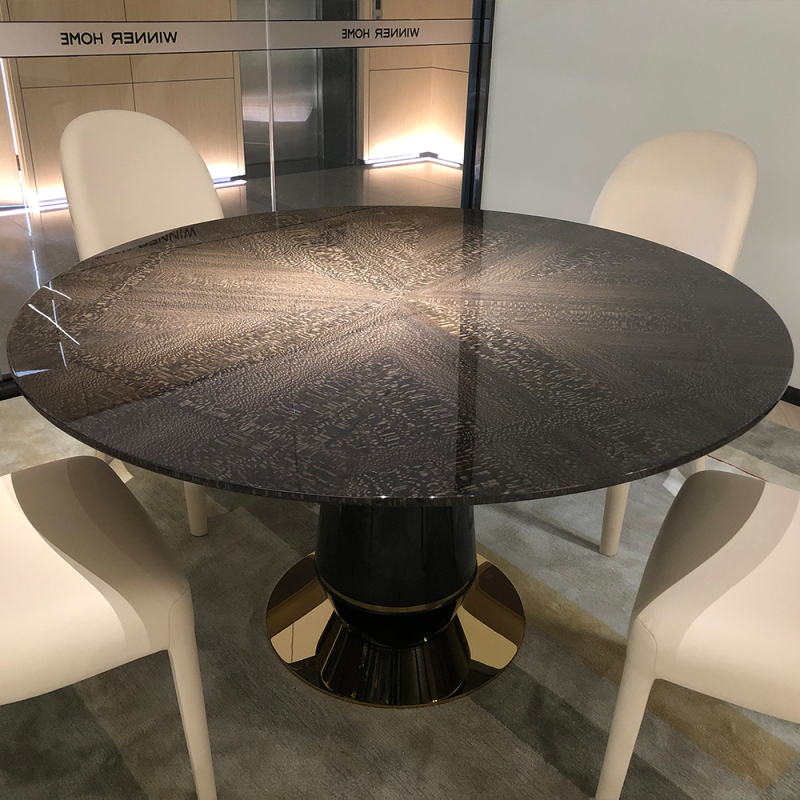 Pearl wood veneer clear water high gloss round dining table