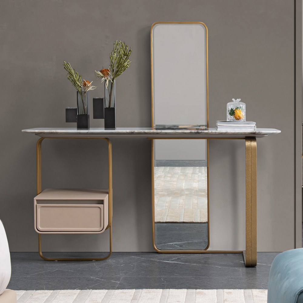 Modern marble top dresser with metal legs and mirror