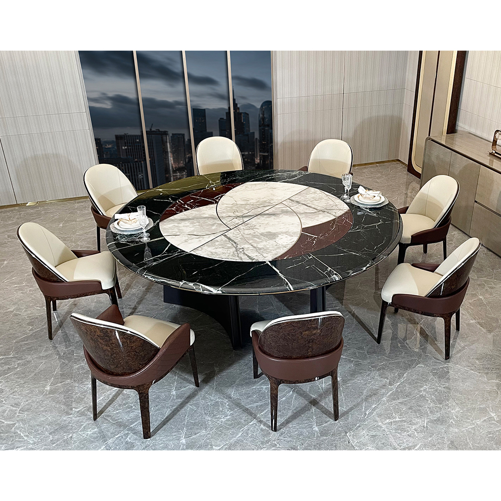 Indian large flower green + violet red + Hanjiang snow marble pattern marble round dining table