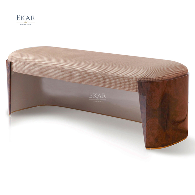 Elegant Bed End Stool with Iron Base and Upholstered Fabric Seat by EKAR FURNITURE