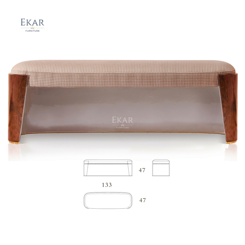 Elegant Bed End Stool with Iron Base and Upholstered Fabric Seat by EKAR FURNITURE