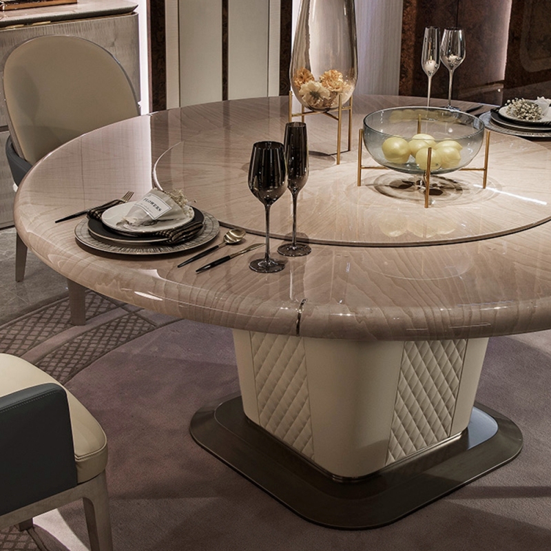 Round Modern Luxury Dining Table with Metal Base and Wood Veneer