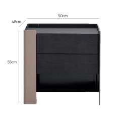 Hard Leather and Black Metal Bedside Table with Oak Wood Drawer - Modern Bedroom Accent