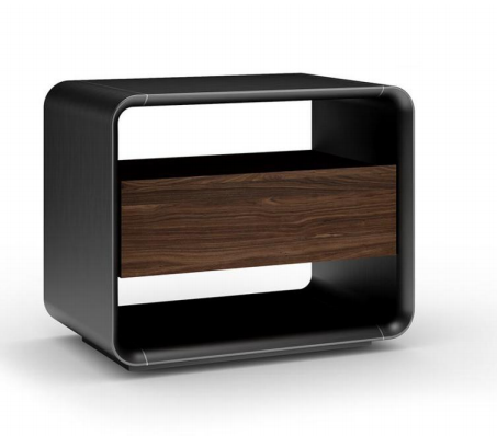 Modern Walnut Veneer Bedside Table with Black Metal Feet - Stylish Bedroom Accent