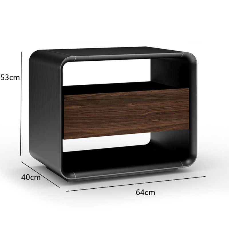 Modern Walnut Veneer Bedside Table with Black Metal Feet - Stylish Bedroom Accent