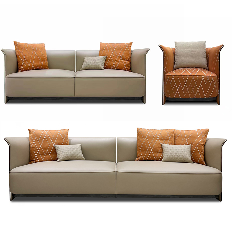 Metal frame modern armrest side curved panel living room sofa