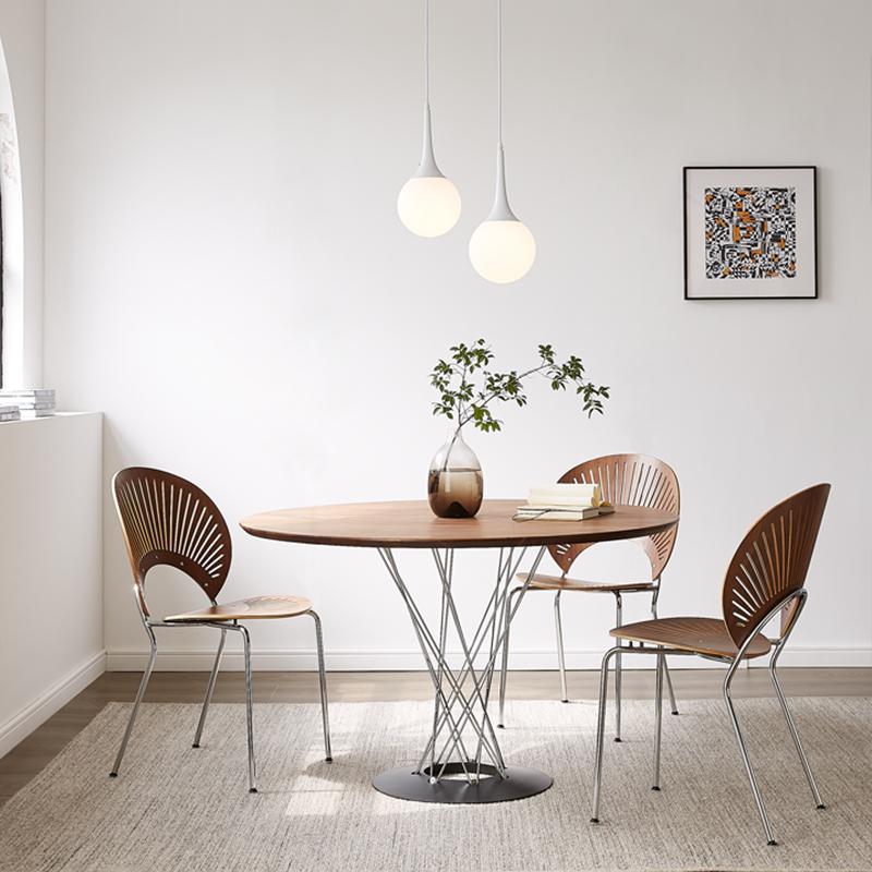 Walnut Wood and Stainless Steel Leg Dining Table