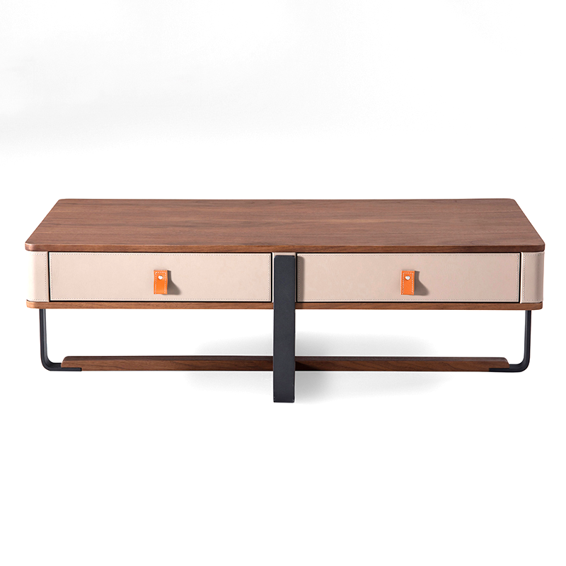 Modern 2-Drawer Wood Top Metal Frame Coffee Table
