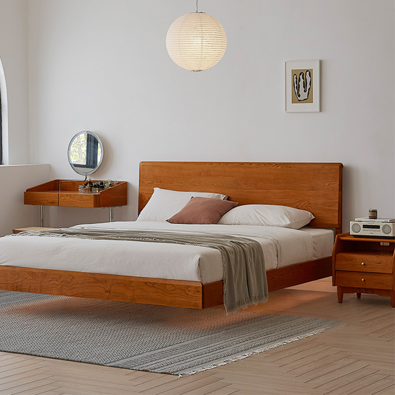 Cherry Floating Wooden Bed Frame Set - Modern Elegance with Stylish Headboard