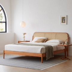 Modern Full-Size Solid Wood Bed Frame with Woven Headboard