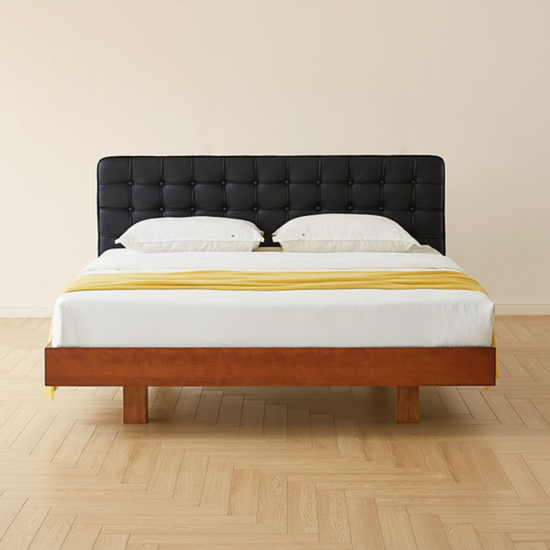 Solid Wood Bed and Leather Upholstered Headboard - Timeless Elegance