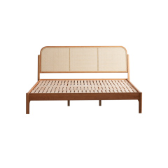 Modern Full-Size Solid Wood Bed Frame with Woven Headboard