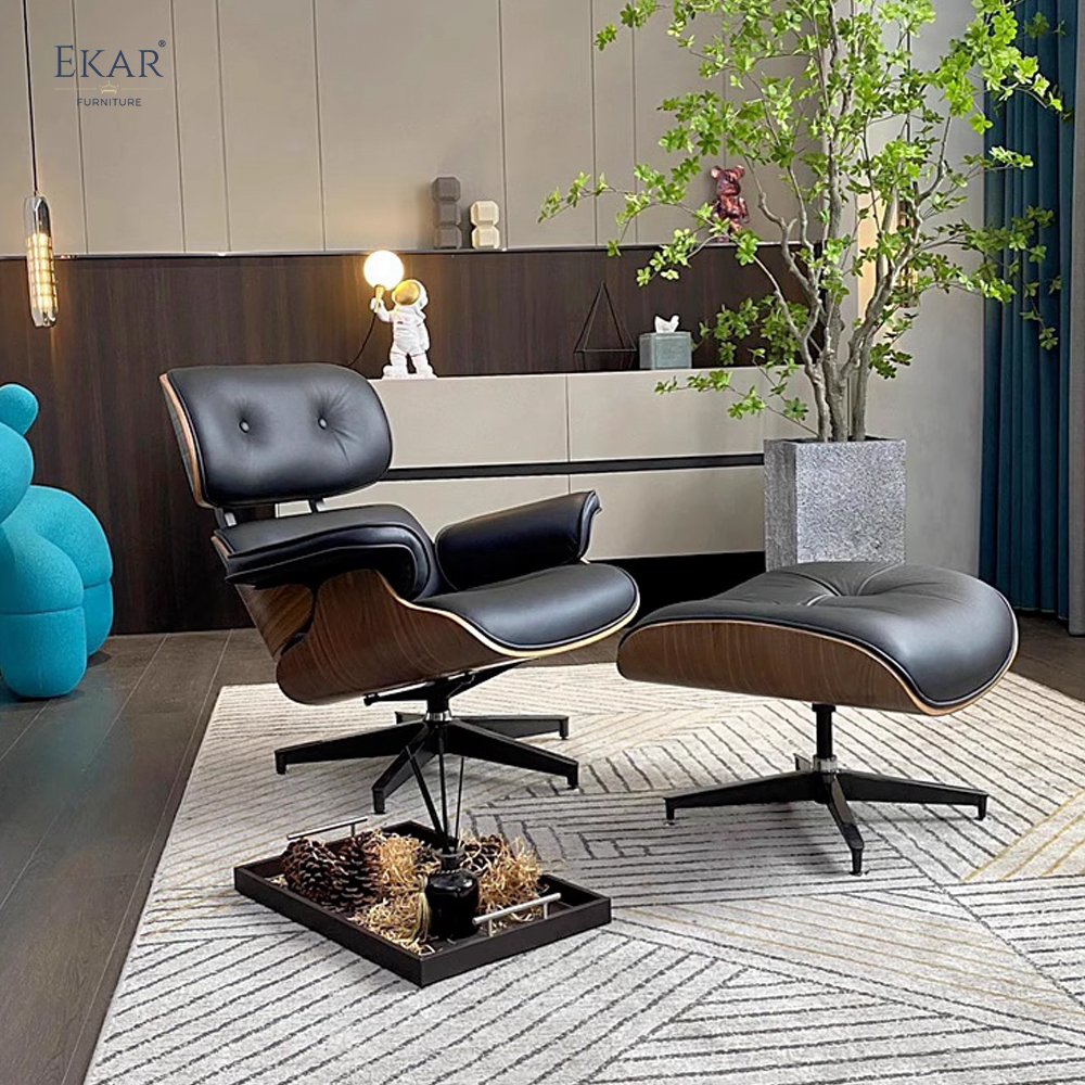 Walnut Veneer with Aluminum Alloy Swivel Base Lounge Chair