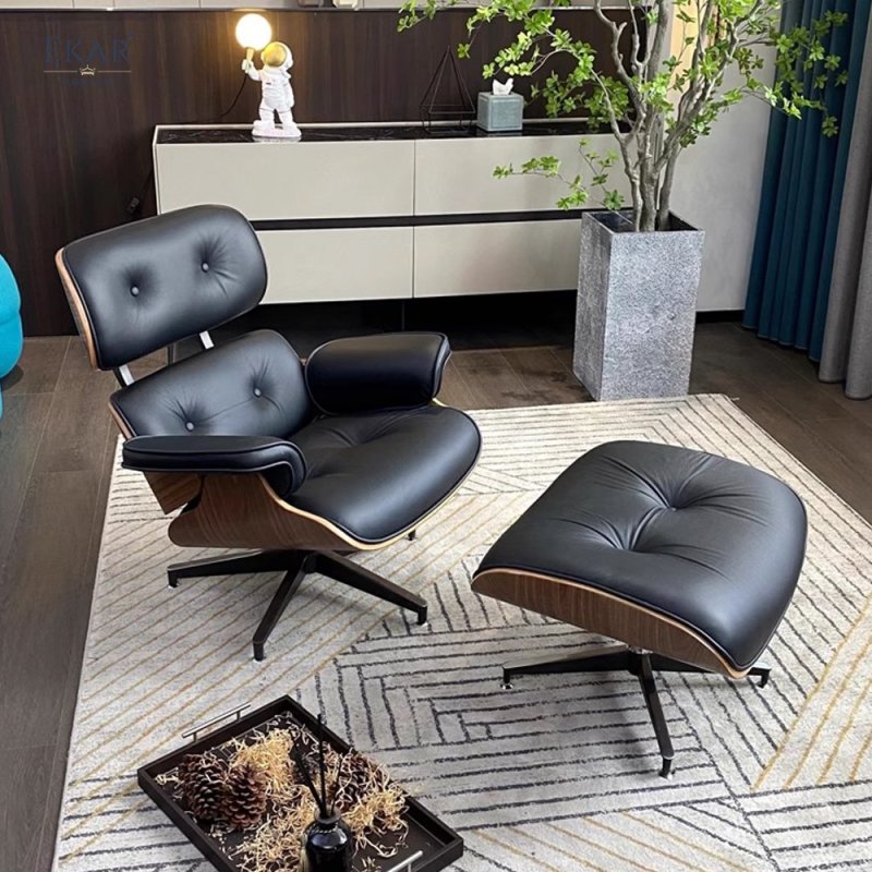 Walnut Veneer with Aluminum Alloy Swivel Base Lounge Chair