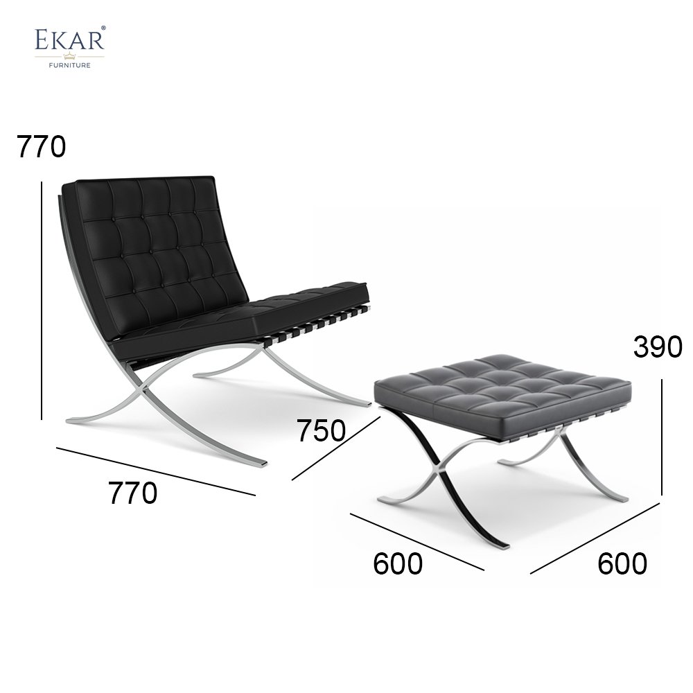 Stainless Steel Frame Lounge Chair with Shaped Cotton Cushion and Ottoman