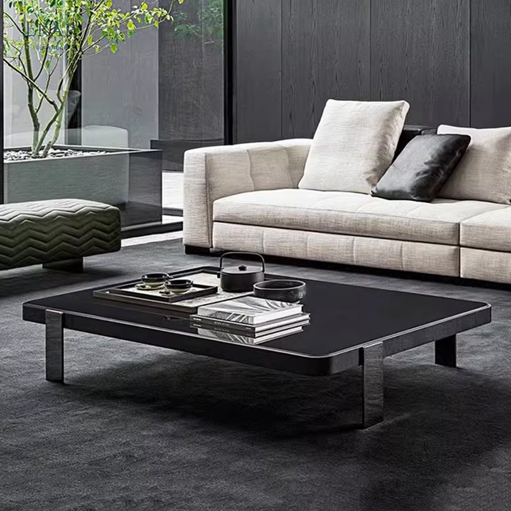 Solid Steel Coffee Table with Glossy Black Gunmetal Finish and Detachable Legs