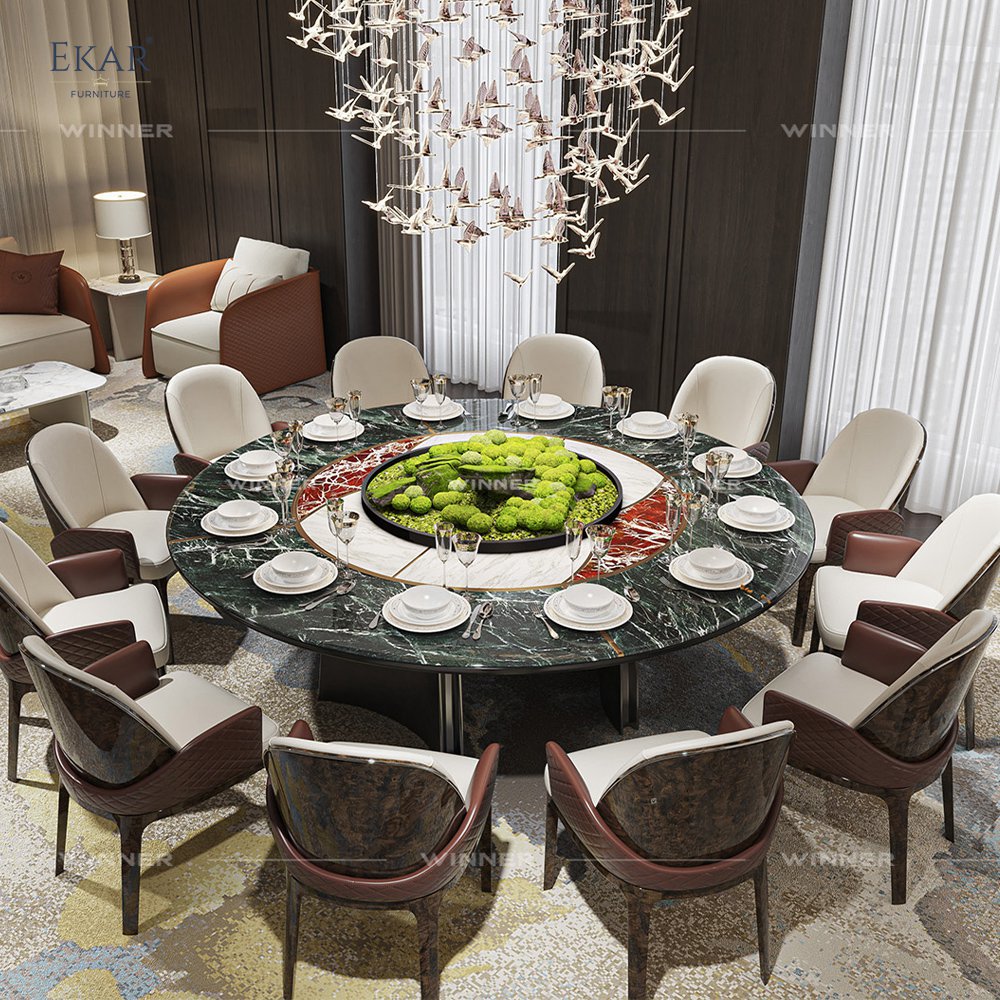 Indian large flower green + violet red + Hanjiang snow marble pattern marble round dining table