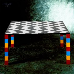 Gray and white stone mosaic tabletop, red, yellow and blue base dining table