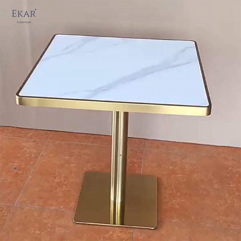 Black and White Marble Dining Table with Titanium Brushed Stainless Steel Base