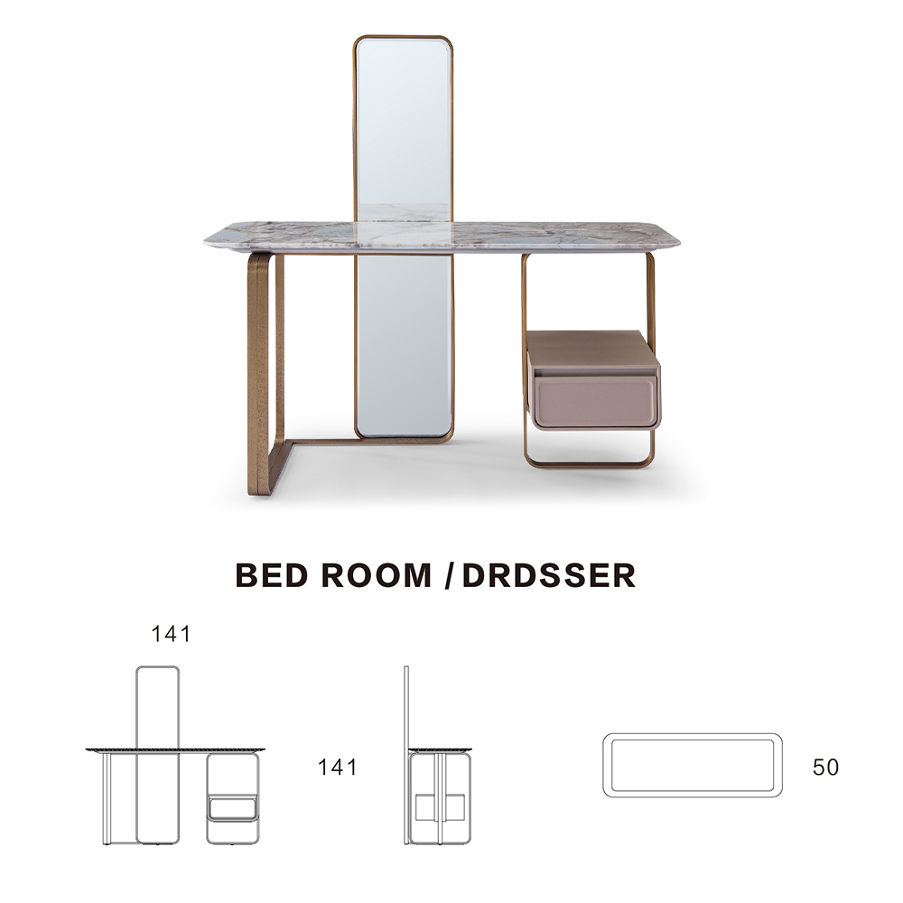 Modern marble top dresser with metal legs and mirror