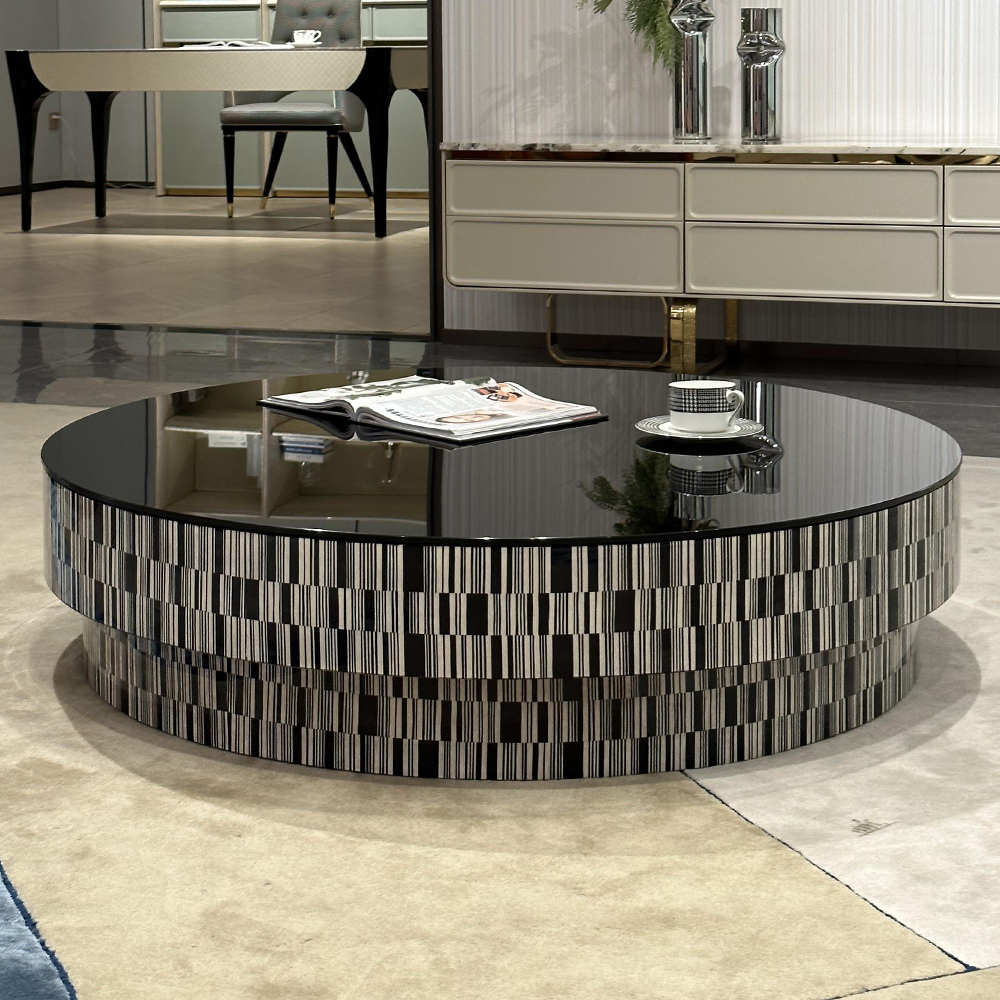 Zebra Pattern Wood Veneer Round Coffee Table