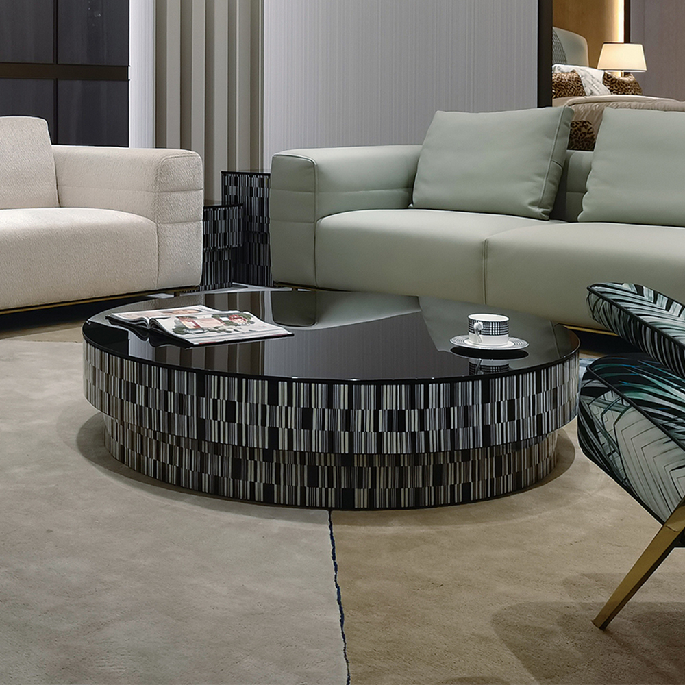 Zebra Pattern Wood Veneer Round Coffee Table