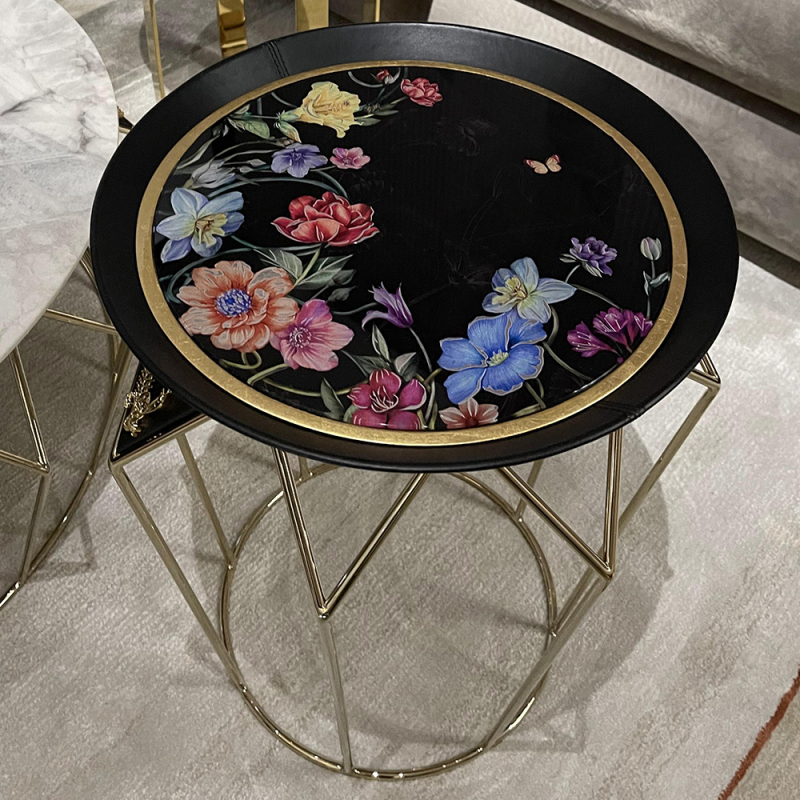 Stainless Steel Corner Table with Exquisite Flower Painted Design