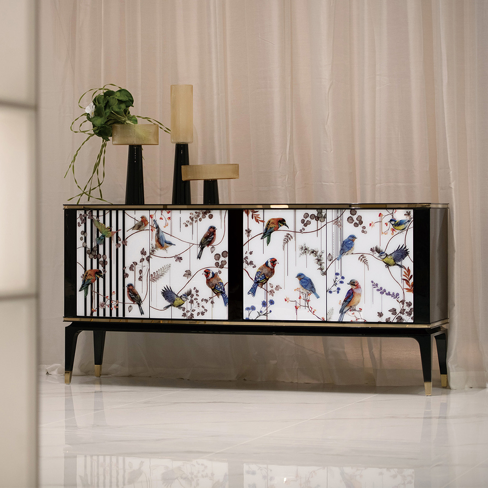 Flower and bird print sideboard inlaid with crystal diamonds